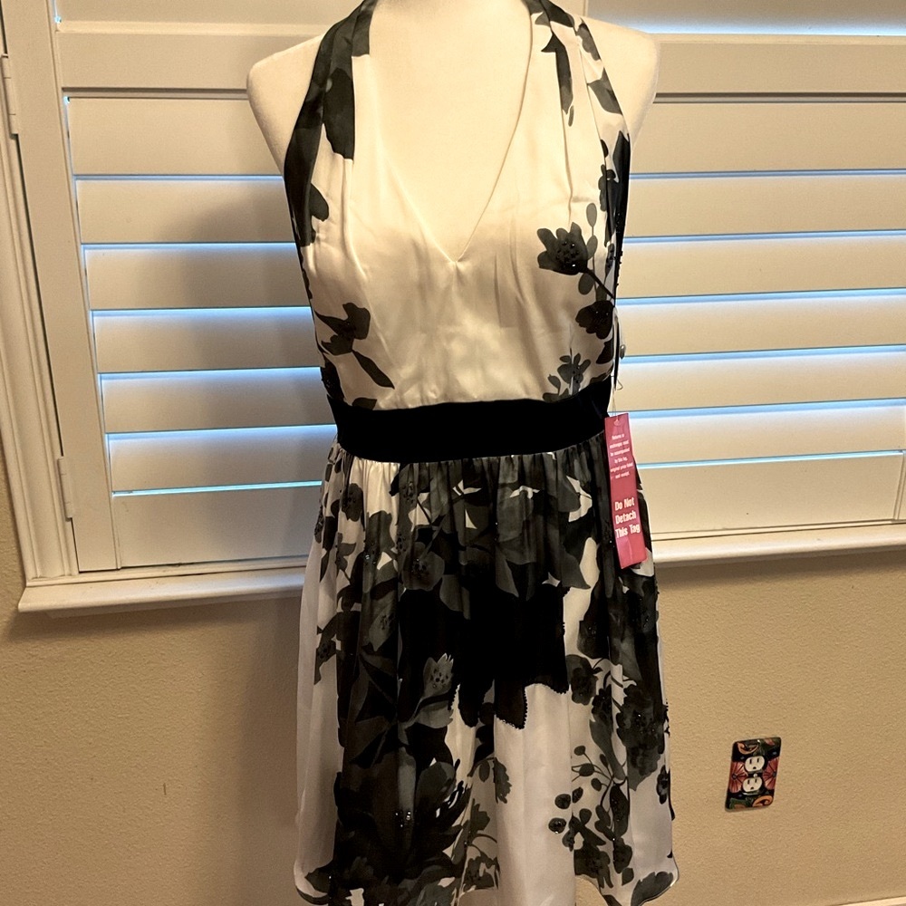 Adrianna Papell Asymmetrical Black and White Halter Sundress NWT